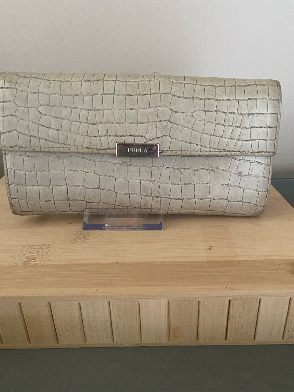 Furla Croc-Embossed Leather Envelope Wallet in Light Beige with Box and Dust Bag